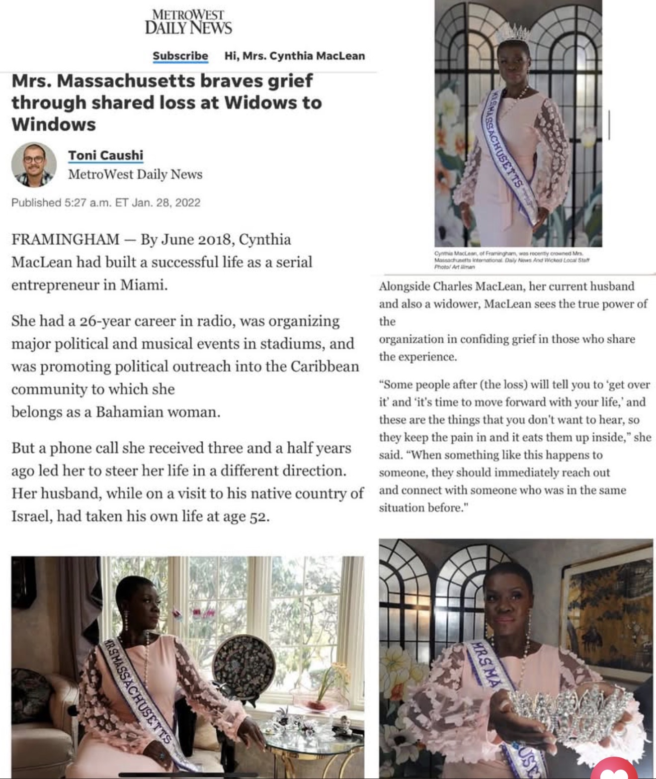 MetroWest Daily News feature about Cynthia's work supporting widows